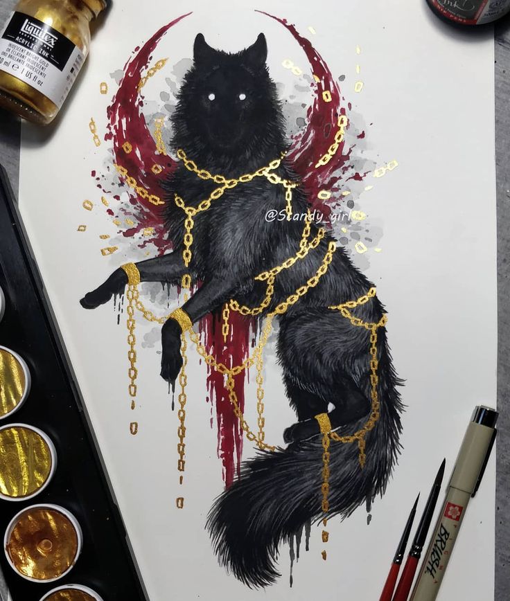 a drawing of a black cat with chains on it