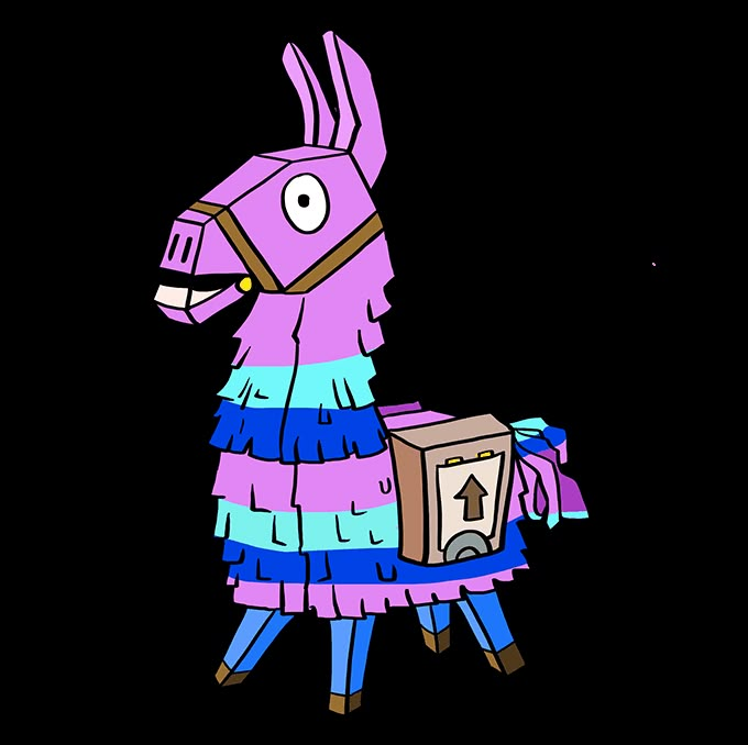 a purple and blue llama sitting on top of a stool