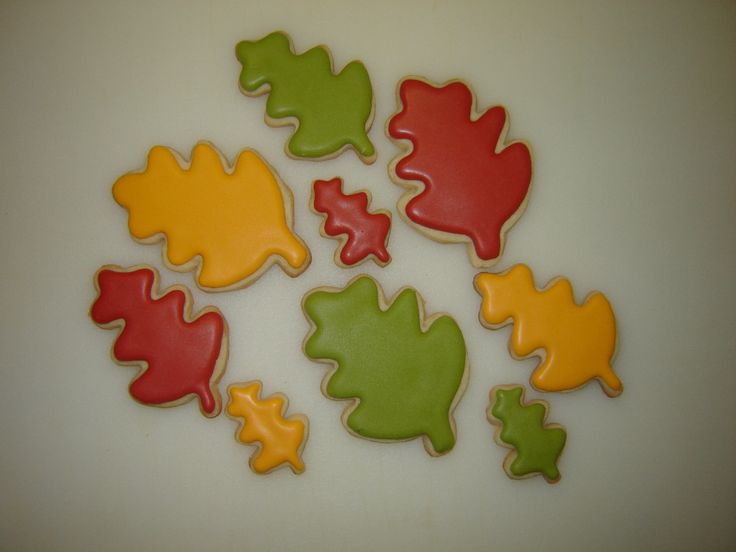 colorful cookies are arranged in the shape of leaves