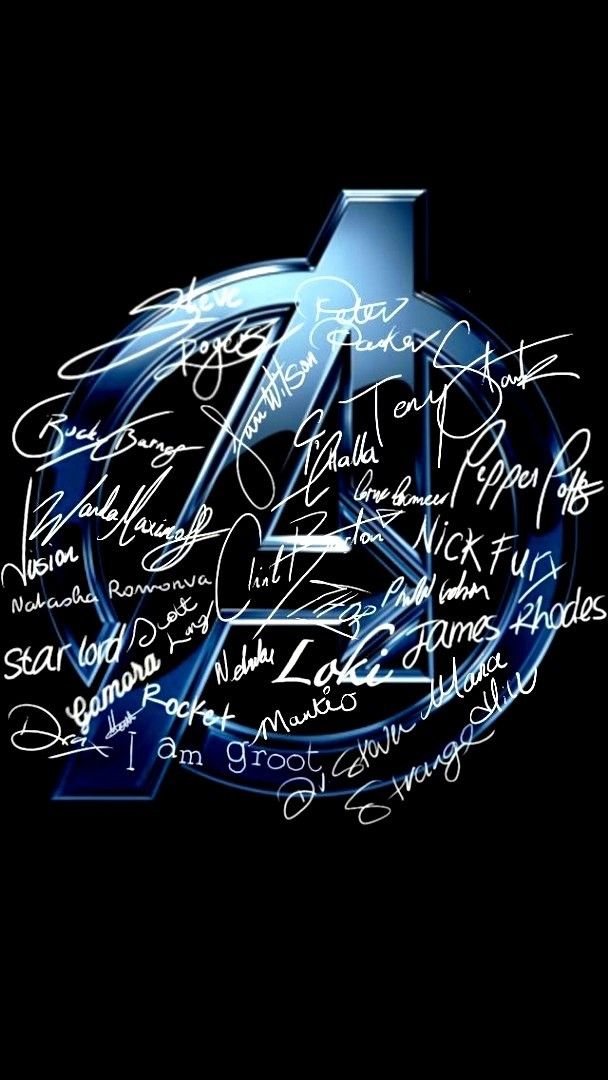 the avengers logo with many autographs written on it, all in blue and white