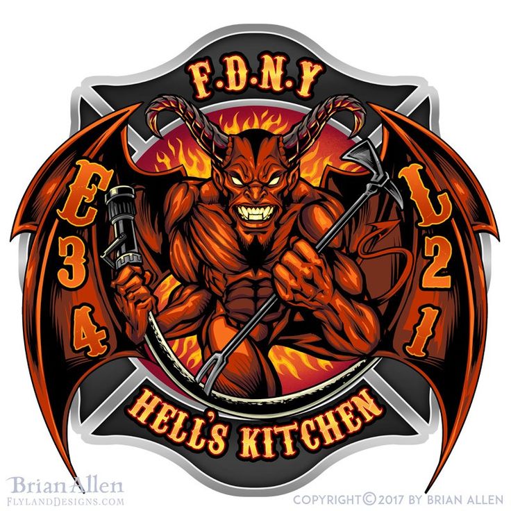 an image of a demon holding two swords in front of fire and flames with the words fire dept on it