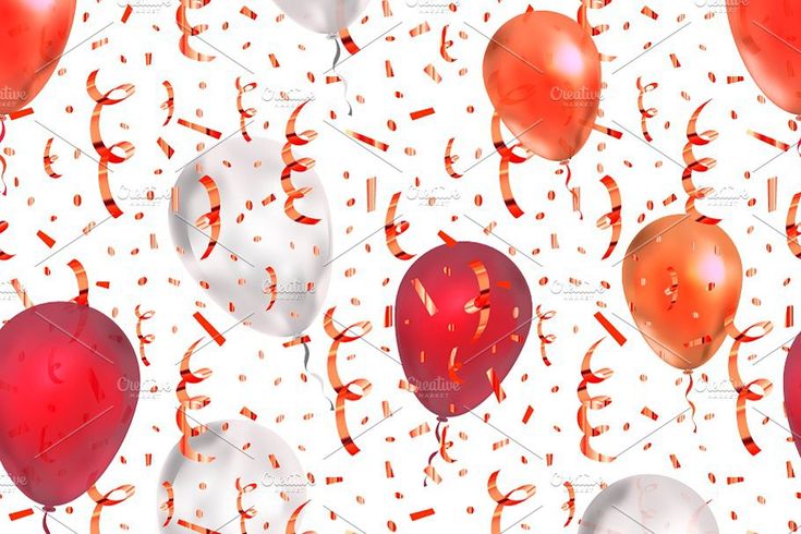 red balloons with streamers and confetti on a white background, seamless