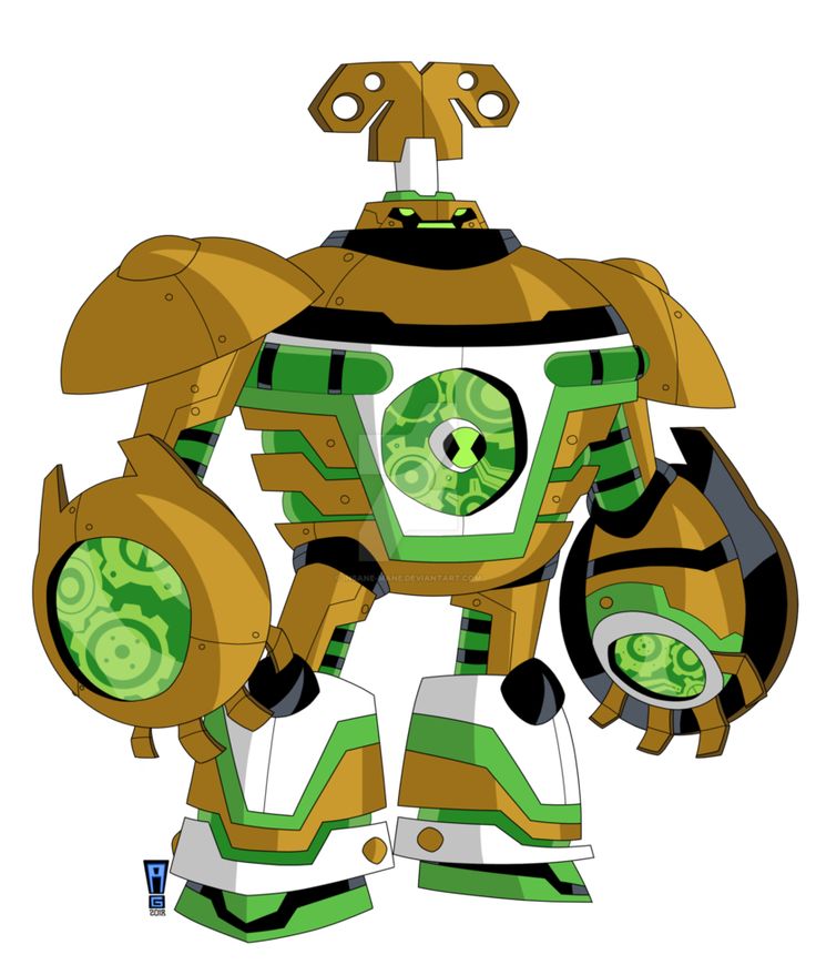 an image of a robot that is green and yellow