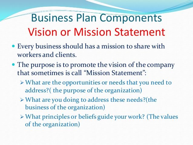 a business plan with the words vision or mission statement