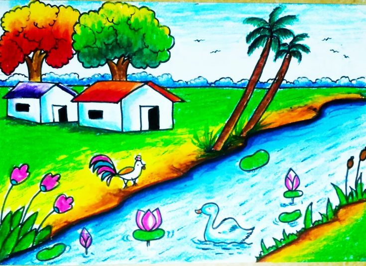 a drawing of a house by the water with trees and flowers in front of it