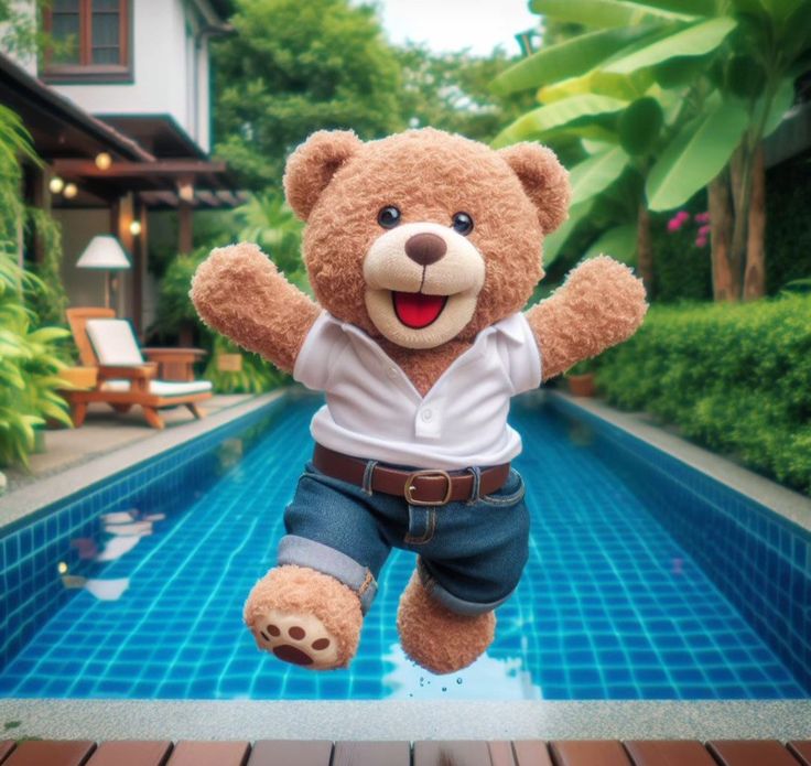 a teddy bear is jumping in the air next to a swimming pool and some trees