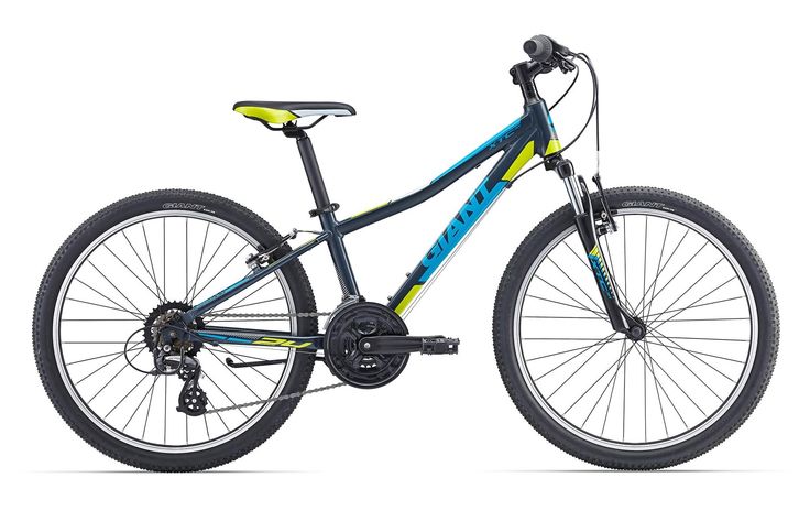 a blue and yellow mountain bike on a white background