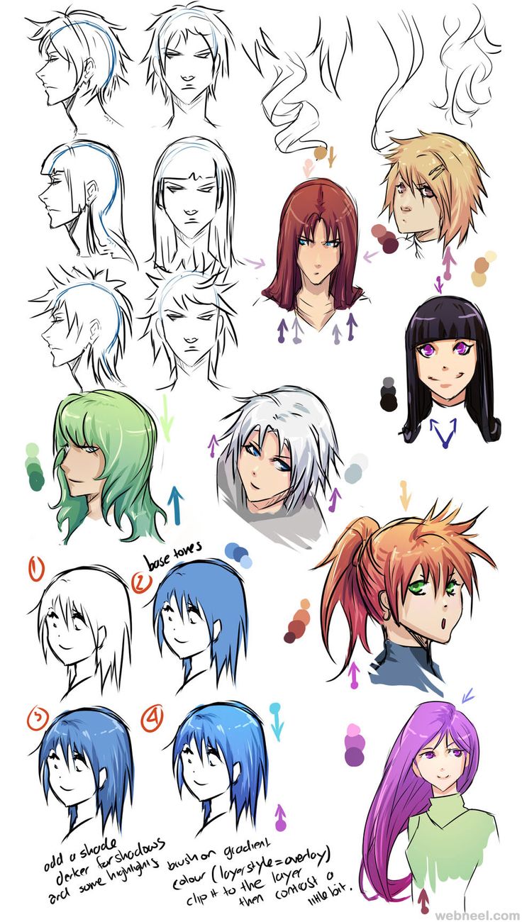 the different hair styles for anime characters and their expressions, from male to female character drawing reference