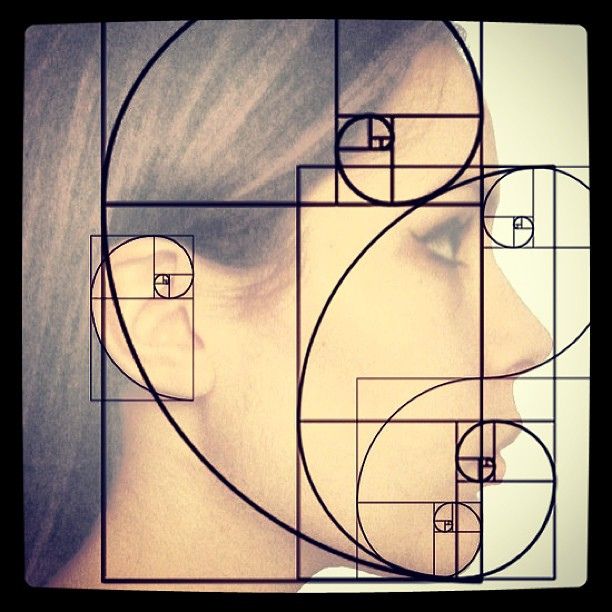 a woman's profile is shown with lines and circles in the shape of squares