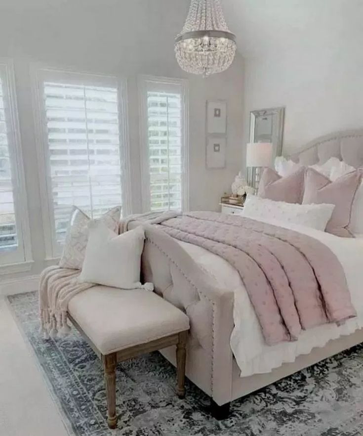 a bedroom with white furniture and pink bedding on the bottom row is featured in an instagram