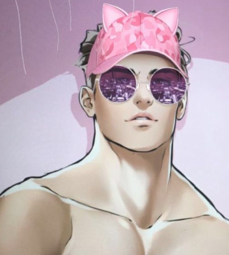 a man with sunglasses and a pink bow on his head