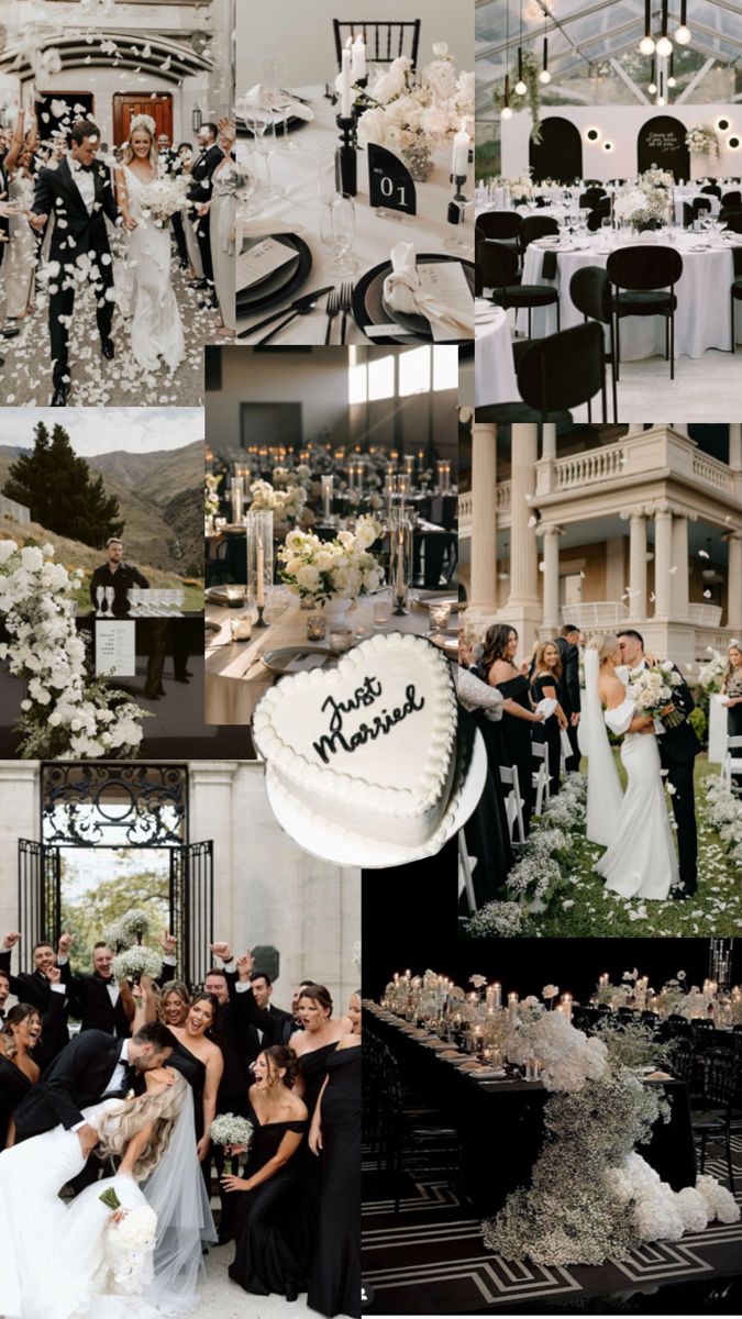 a collage of wedding photos with the bride and groom in black, white and silver