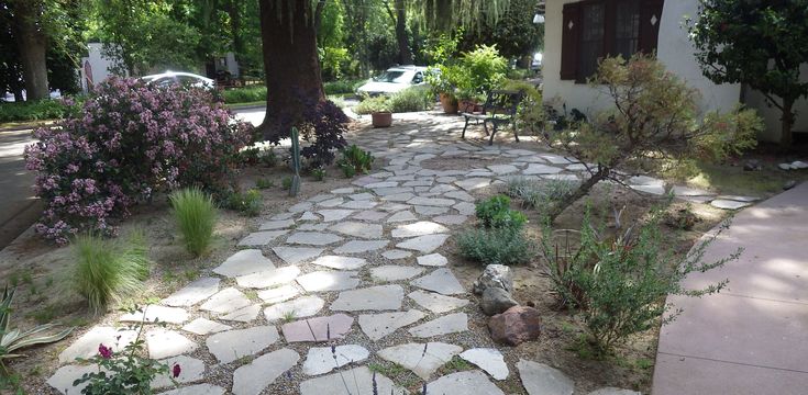 a stone path in the middle of a garden