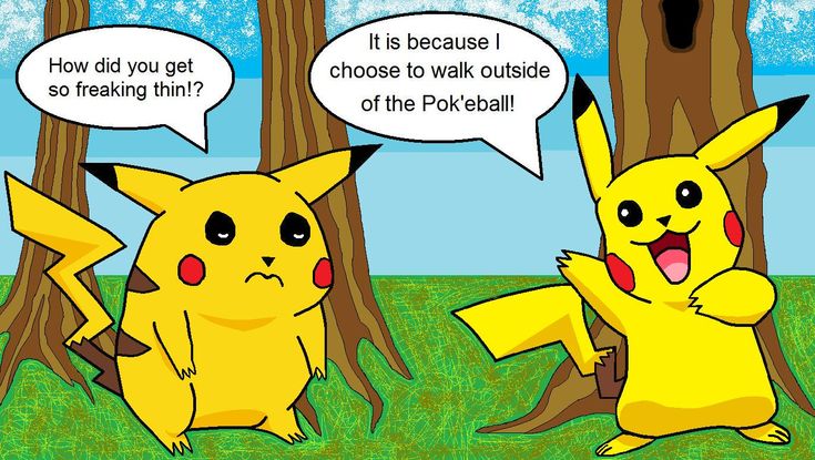 two pikachu sitting in the grass next to trees with speech bubbles above them