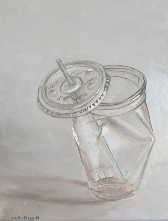 a painting of a mason jar with a straw in it's lid on a gray background