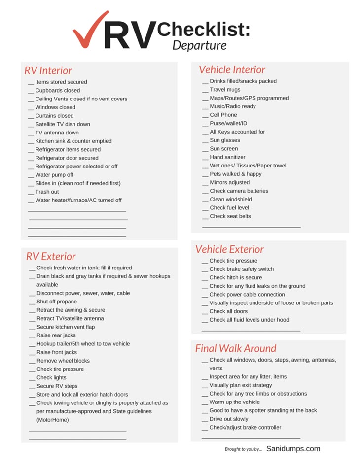 the rv checklist is shown in red, white and black with text on it