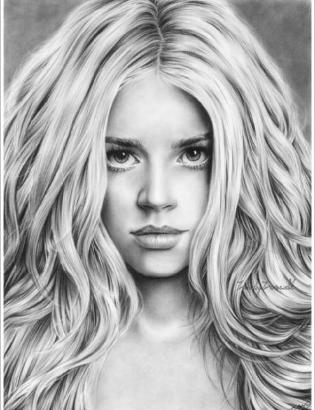 a drawing of a woman with long blonde hair