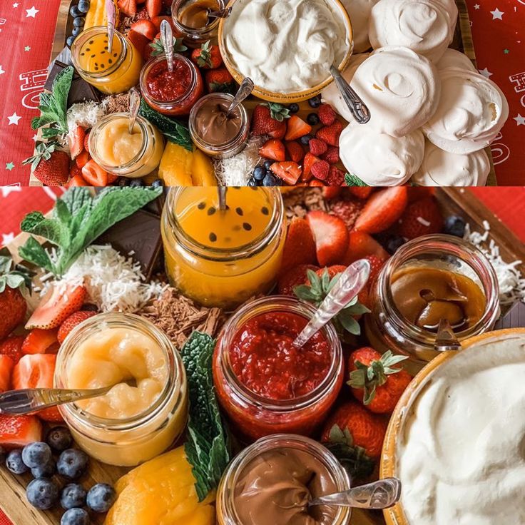 several different types of desserts and dips on a platter with strawberries