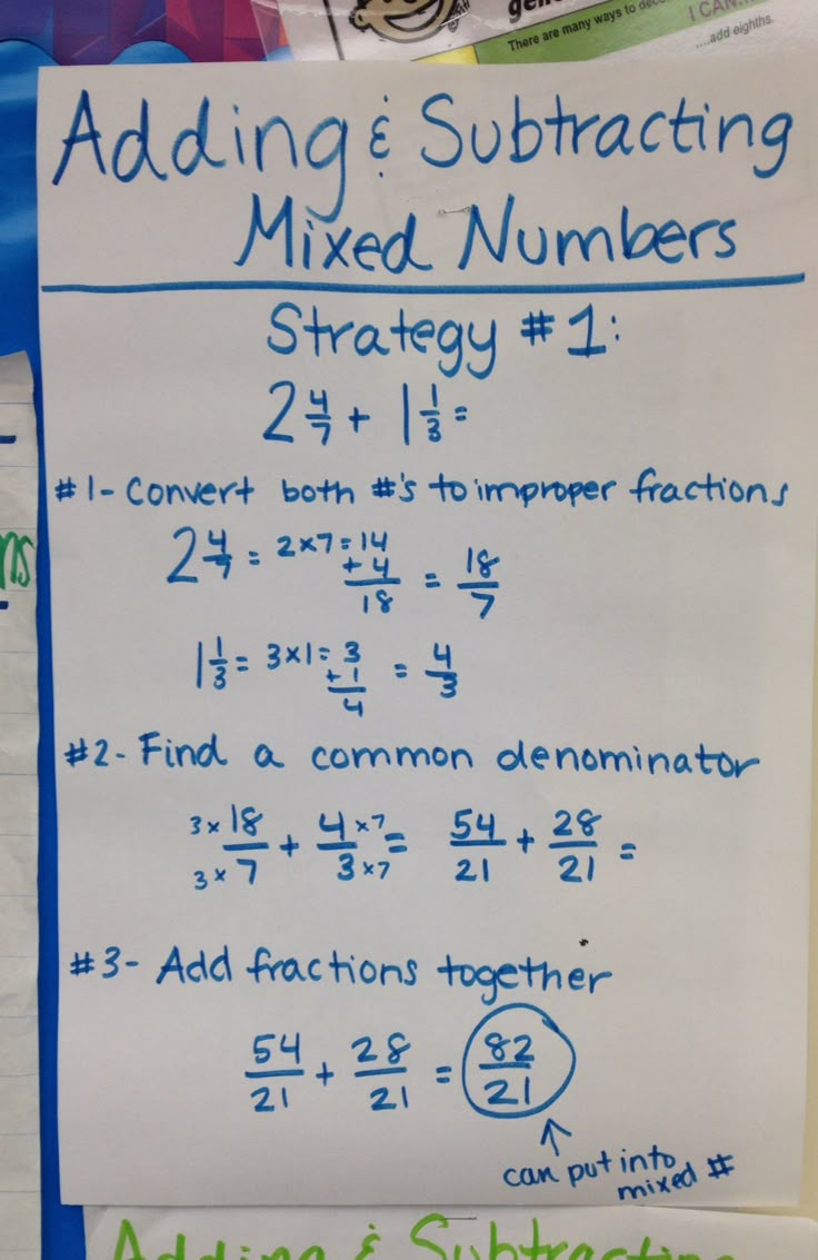 a piece of paper with writing on it that says adding and subtracting mixed numbers strategy 1