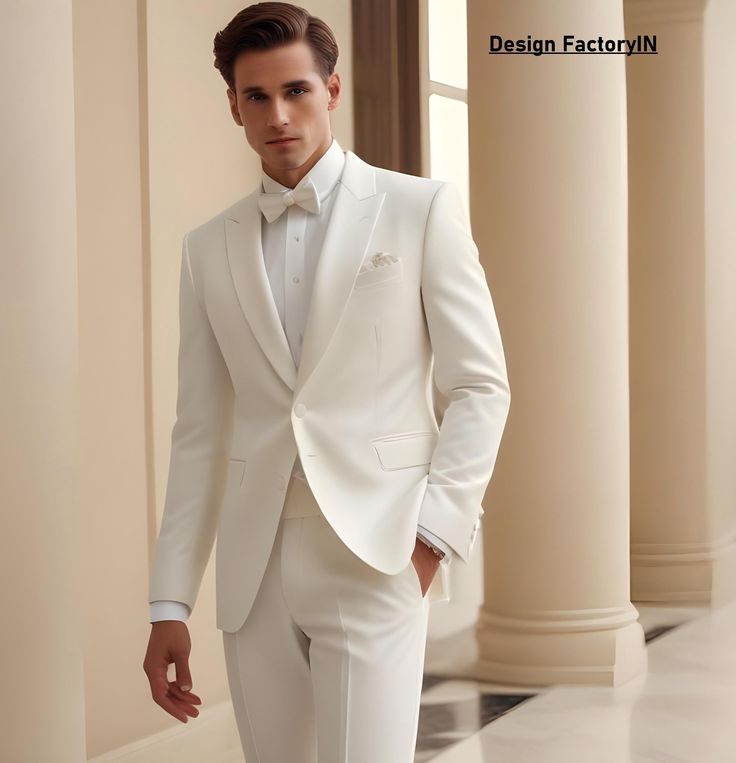 MEN WEDDING SUITS, White Premium Cotton Blend Tuxedo 2 Piece Suit For Men This is new modern Slim fit 3D Cut style which give you look slimmer and smarter. Color - White Jacket and vest are lined with 100% Satin Notch Lapel, Two Pockets at bottom of jacket and one inside. Free Express Shipping all over the world. White Coat Suit For Men, All White Suit Men, Men White Suit, Ivory Mens Suit, Men White Jacket Outfit, White Suit For Wedding, White Male Wedding Suit, White Tuxedo For Men, Wedding White Tuxedo