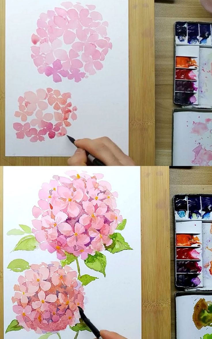 the process of painting flowers with watercolors is shown in four different stages, including using