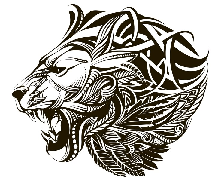 a black and white drawing of a lion's head with an intricate design on it