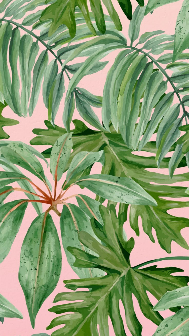 a painting of green leaves on a pink background