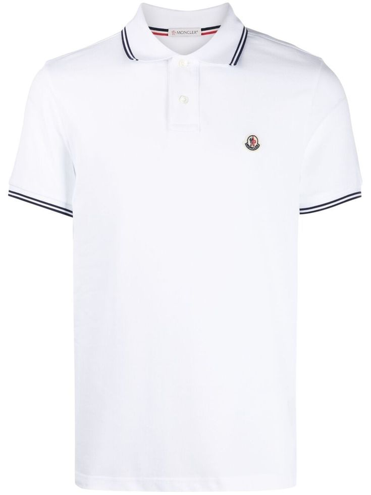 White cotton piqué tricolour-trim piqué polo shirt from MONCLER featuring polo collar, logo patch to the front, front button placket, short sleeves, side slits, straight hem and tricolour trim. Polo Shirt White, Pique Polo Shirt, Polo Collar, Polo Shirts, Button Placket, Shirt White, Tri Color, Fashion Clothes, New Outfits