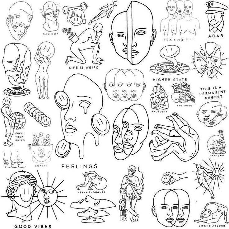 an image of various faces drawn in black and white with the words feelings on them