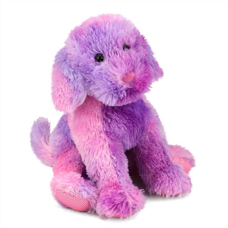 a pink and purple stuffed dog sitting on the ground