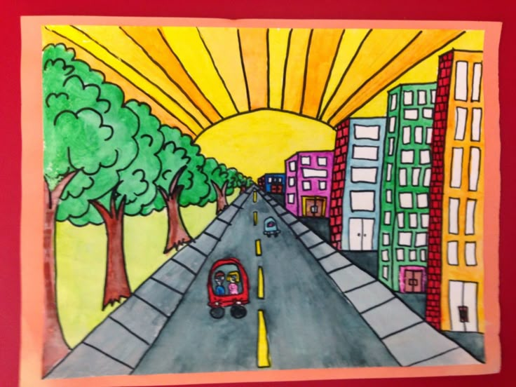 a drawing of a city street with buildings and trees on the other side, in red frame