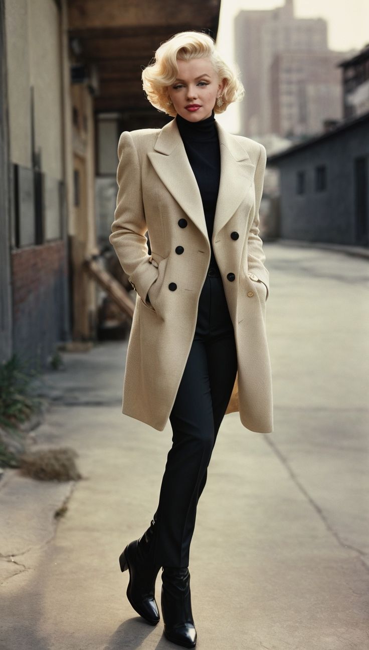 a woman is standing on the sidewalk in a trench coat