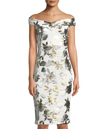 Off-The-Shoulder+Foiled+Floral+Sheath+Dress+by+Label+by+5Twelve+at ...