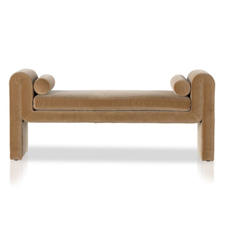 an upholstered bench with two curved arms and buttons on the armrests