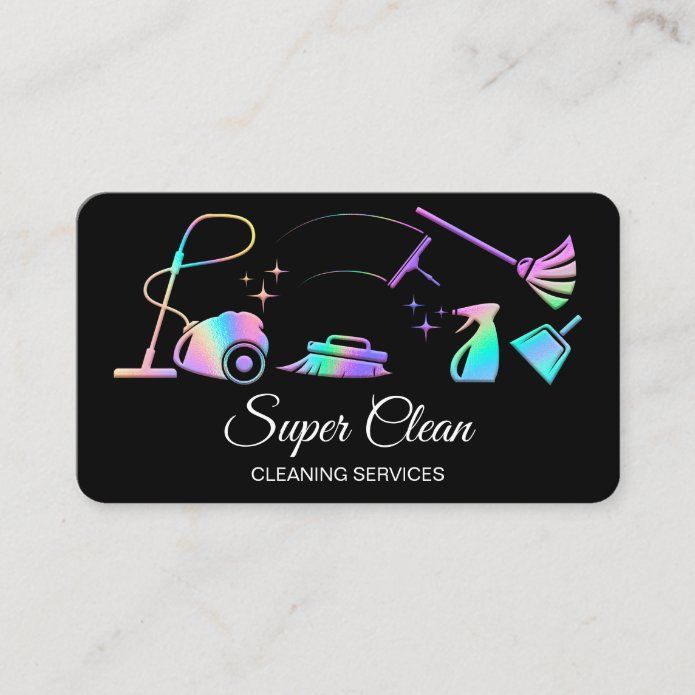 a black cleaning business card with the words super clean and various household items on it