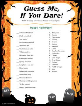 a halloween party guess me if you dare game with pumpkins and tombstones on it