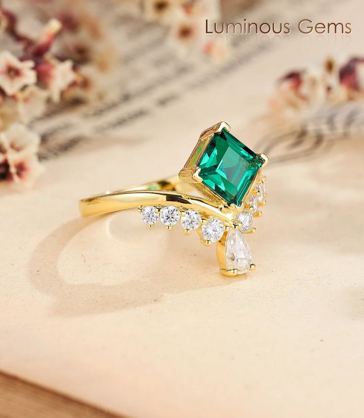 Princess Cut Emerald Engagement Ring Unique 14k Gold Curved Band Wedding Ring Vintage Bridal Diamond Promise Rings Moissanite Ring for Her - Etsy Rings Moissanite, Wedding Ring Vintage, Band Wedding Ring, Emerald Rings, Engagement Ring Unique, San Gabriel, Diamond Promise Rings, Emerald Engagement, Wedding Rings Vintage