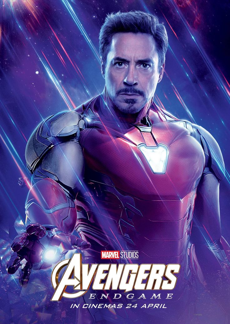 the iron man poster is shown in red and blue colors, with his hands on his chest