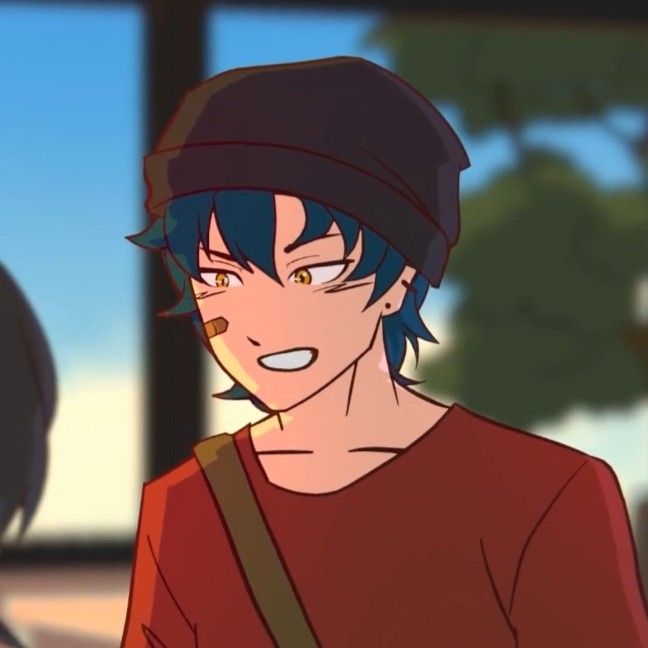 an anime character with blue hair wearing a red shirt and carrying a brown shoulder bag