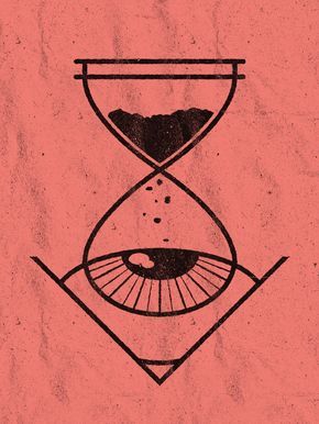 an hourglass with sand running through it on top of a pink background that has mountains in the distance