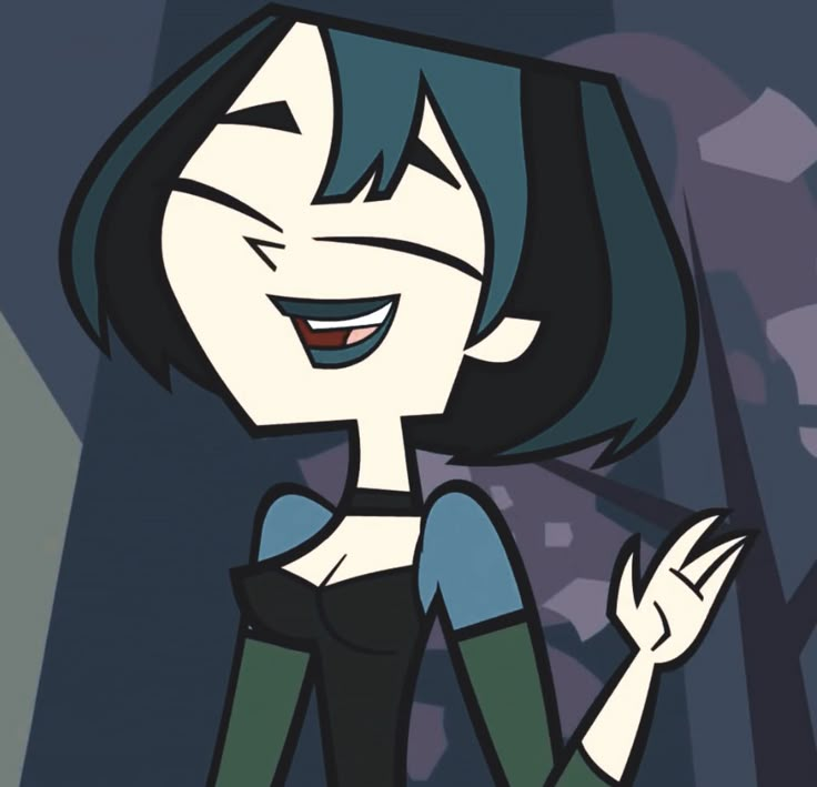 a cartoon girl with black hair and blue eyes is holding her hand out to the side