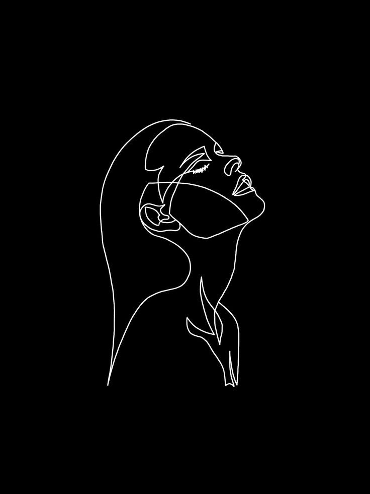 a black and white line drawing of a woman's face on a dark background