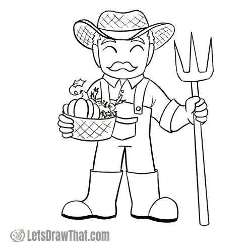 Easy cartoon black ink outline drawing of a farmer holding a basket of fresh produce in one hand and a pitchfork in the other. Cartoon Farmer Drawing, Farmer Hat Drawing, Farmer Drawing Sketch, Farmer Drawing Easy, Farmers Drawing, Farming Drawing, Farmer Drawing, Cartoon Farmer, Scarecrow Drawing