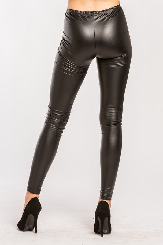 poly/spandex Trendy High Rise Leggings With High Stretch, Trendy Stretch High Rise Leather Pants, Trendy Stretch Leather Pants For Spring, Sleek Stretch Faux Leather Leggings, Sleek Faux Leather Full-length Leggings, Sleek Full-length Faux Leather Leggings, Sleek Tight Leggings For Fall, Sleek High Stretch Pants For Spring, Fitted High-rise Elastane Leggings