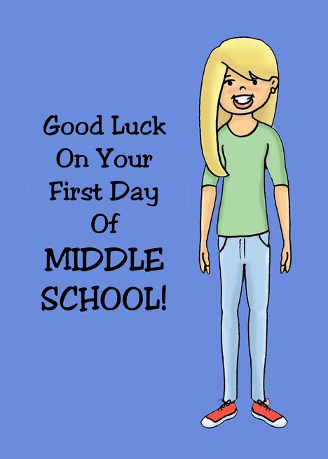 a cartoon girl with blonde hair standing in front of the words good luck on your first day of middle school