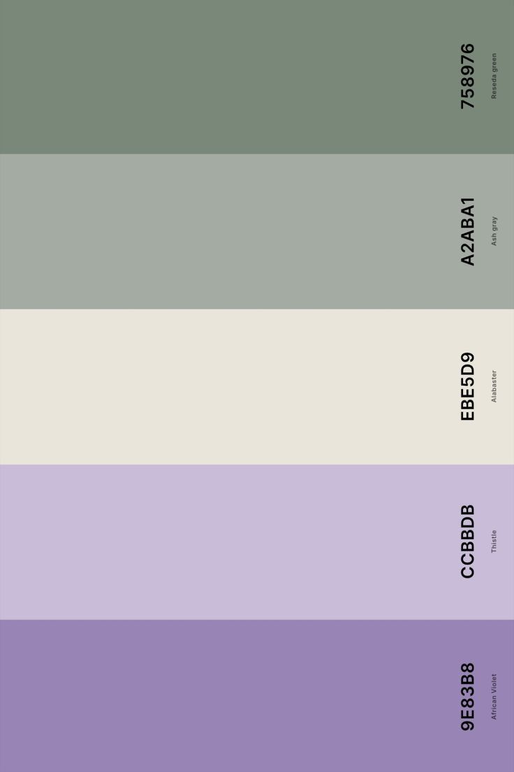 the color palette is in shades of purple, green and grey with black text on it