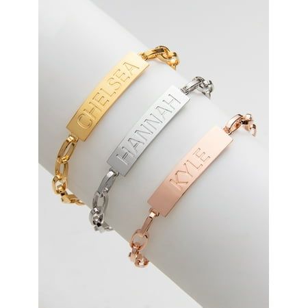 Embrace the edgy look of this name bracelet from our Urban Vibes collection! A bold nameplate is fastened onto an on-trend paperclip chain to create this striking design that will pair well with your modern wardrobe favorites. Choose from glittering Gold, shimmering Silver or radiant Rose gold. Treat yourself to this stylish bracelet or surprise your daughter or bestie with this stunning gift idea! Personalization cannot contain any special characters, emojis or shapes. Size: one size.  Gender: female.  Age Group: adult. Trendy Personalized Stainless Steel Bracelets, Adjustable Metal Chain Bracelet For Personalized Gifts, Trendy Silver Name Bracelets, Trendy Silver Personalized Bracelets, Trendy Silver Bracelets With Name, Silver Nameplate Bracelet, Silver Nameplate Bracelet Tarnish Resistant, Modern Metal Chain Bracelet Personalized, Adjustable Chain Bracelet With Custom Name