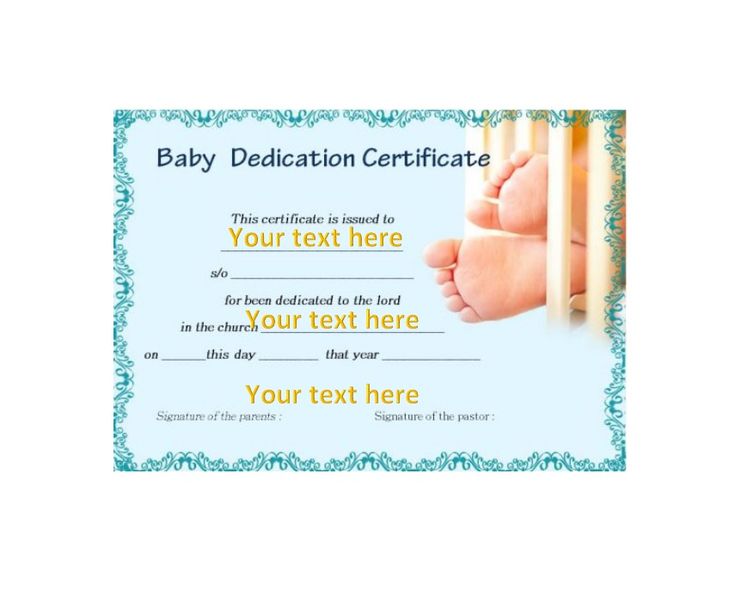 a baby dedication certificate is shown in blue and green with an image of the feet