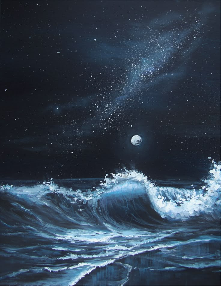 an oil painting of the ocean with waves and stars in the night sky above it