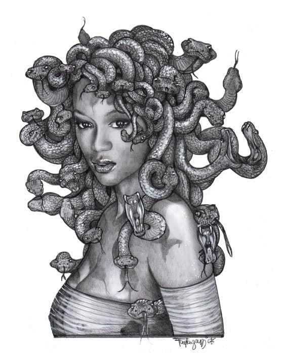 a drawing of a woman with snakes in her hair